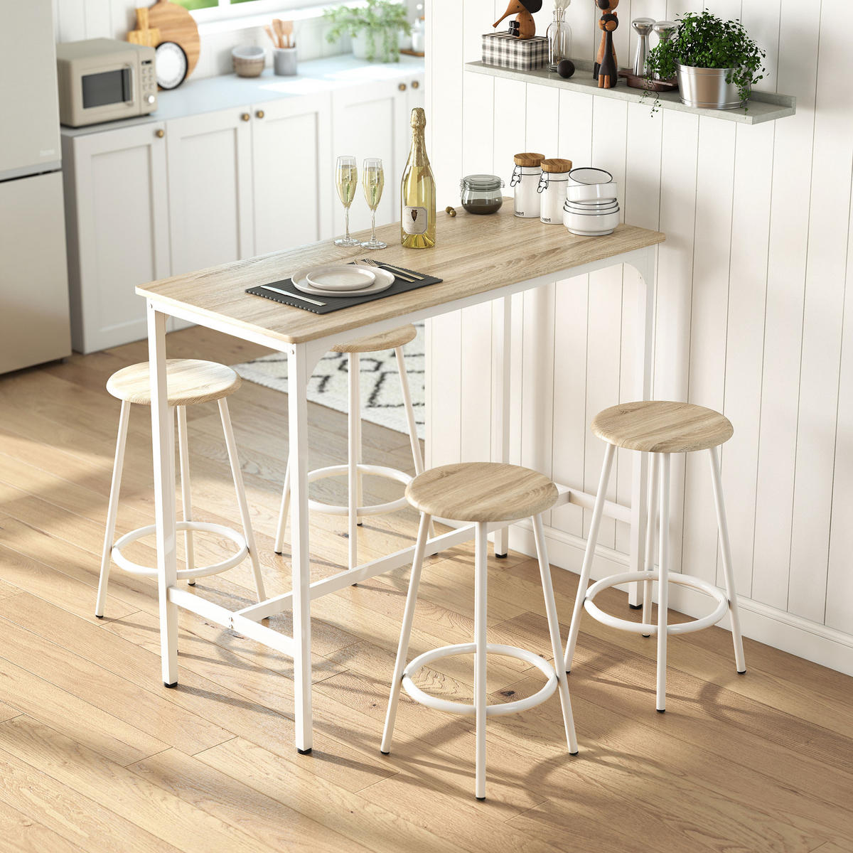 BARTISCH-SET DE-14809 4 Hocker mit Fußstütze Holzoptik/Weiß - Braun, Metall (110/50/89.5cm) - ComfortXL