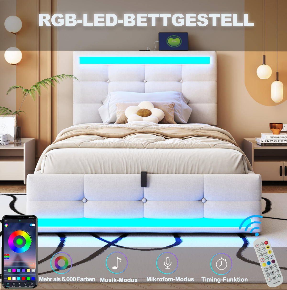 POLSTERBETT 90/200 cm Beige aus Leinen mit Stauraum und LED-Beleuchtung mit USB - Beige, Textil (90/200cm) - OKWISH