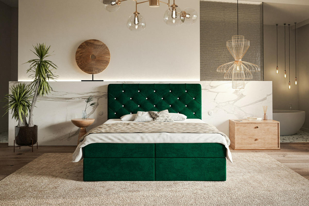 DOPPELBETT mit Matratze 140x200 Polo, Kristallknöpfen, Bettkasten, Grün - Grün, Holz/Textil (140/200cm) - Emporius