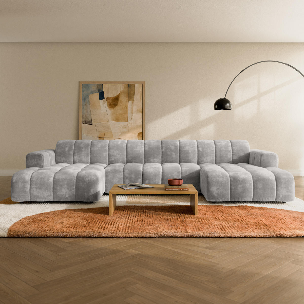 WOHNLANDSCHAFT AENIS Hellgrau Chenille - Hellgrau, Holz (398/85/165cm) - MASSENO