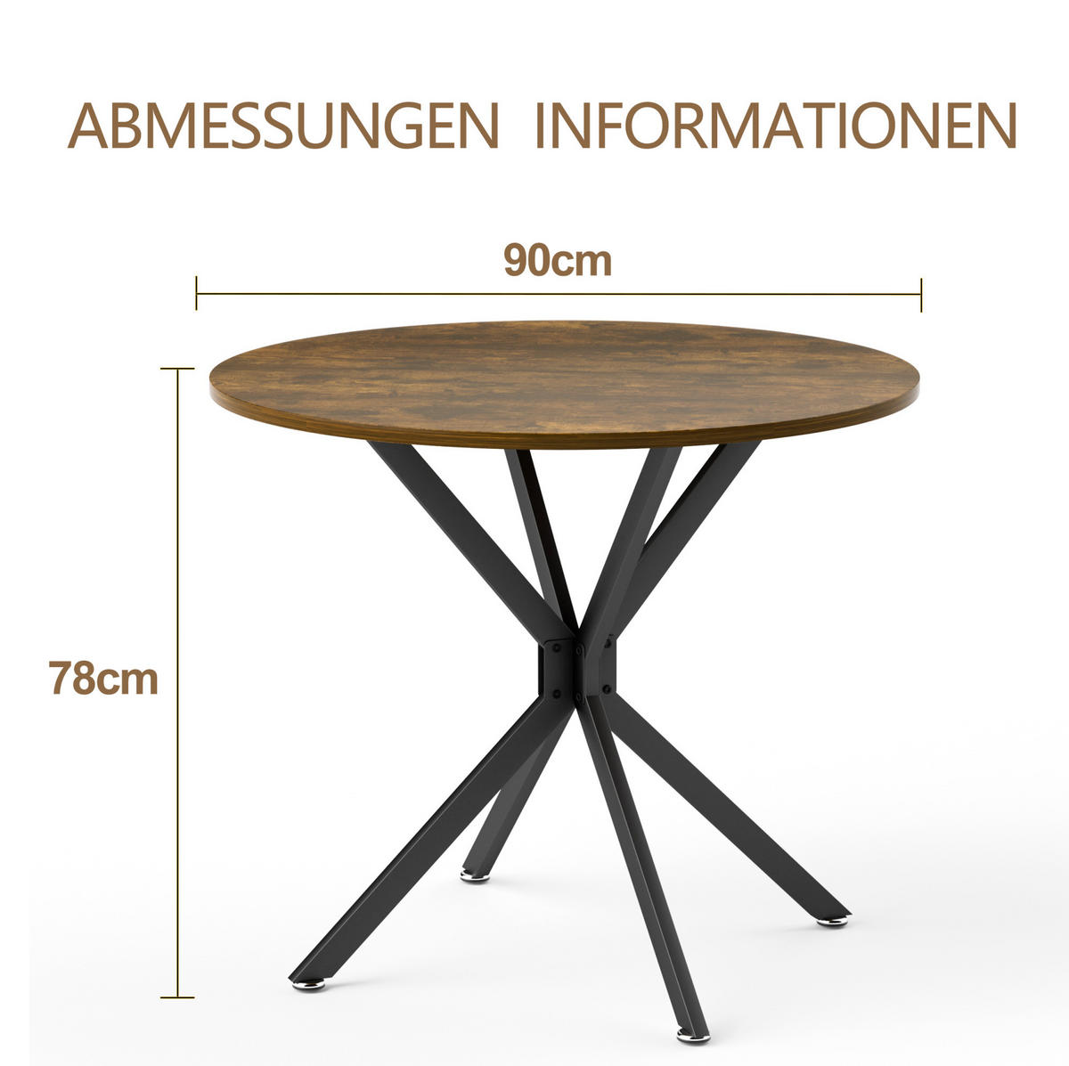 ESSTISCH 90/90/78 cm, rund mit Stahlgestell und kratzfester Spanplatte, Vintagebraun-Schwarz - Schwarz, Holzwerkstoff (90/90/78cm) - Redom