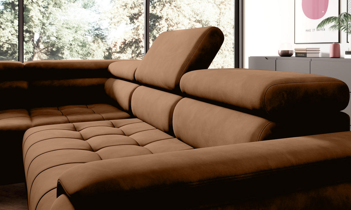 ECKSOFA CHIVAS Freistehend , Schlaffunktion, 278×197×76/98 cm, Stoff - Element, Hellbraun, Rechts Seite - Hellbraun/Schwarz, Holz/Textil (197/278cm) - DomoHome