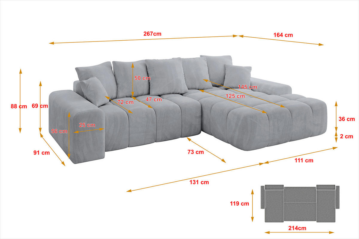 ECKSOFA Ottomane Rechts ENSI-L - 267x164x88 cm Titanfarben - Titanfarben, Holzwerkstoff/Kunststoff (164/267cm) - ALTDECOR