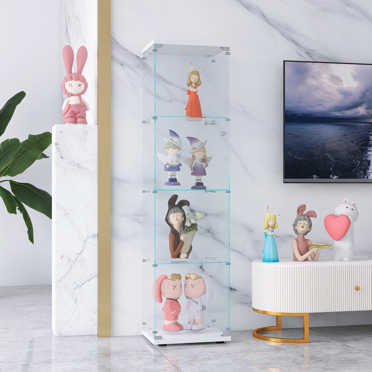STANDVITRINE 42x164cm Weiß mit 4 Böden, abschließbar - Weiß, Glas (14.37/64.56/16.73cm) - SHOPENTRA