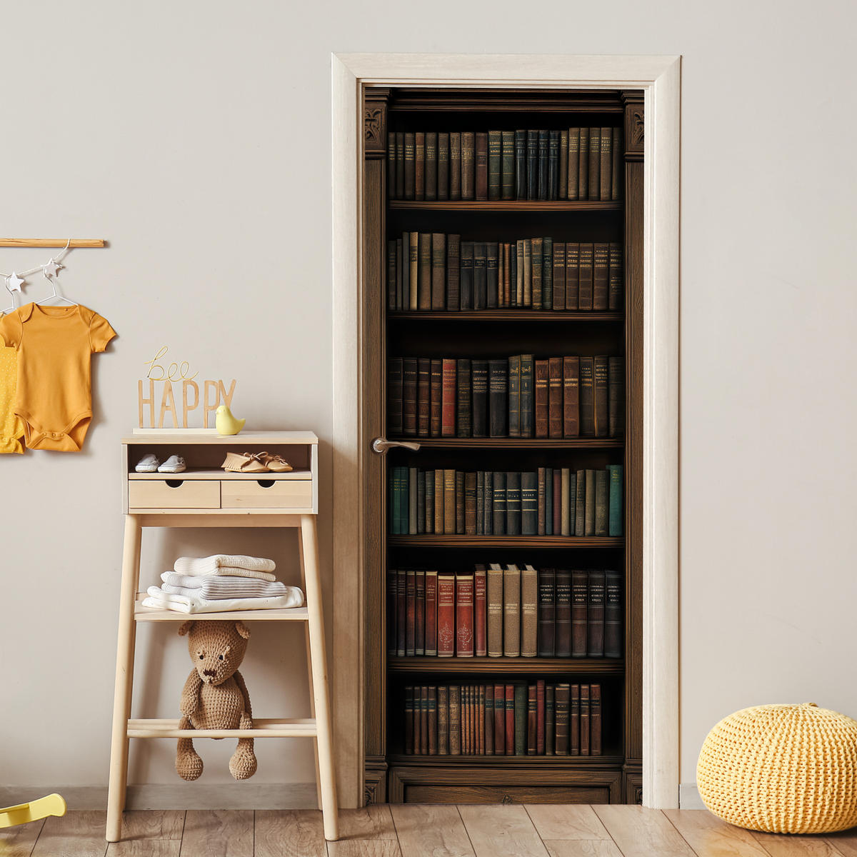 TÜRAUFKLEBER Bücherregal - Vintage - Braun 85x215 cm - Türtapete - Nussbaumfarben, Kunststoff (85/0.1cm) - MuchoWow