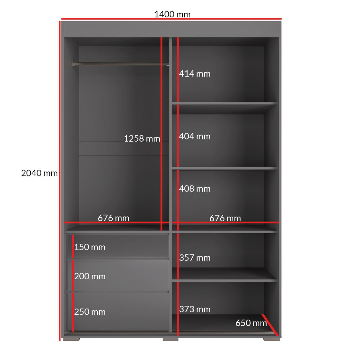 SCHIEBETÜRENSCHRANK mit Schubladen Torino 2D 140 Grau (Lacobel) - Silberfarben/Grau, Holzwerkstoff/Metall (140/204/65cm) - mzm24
