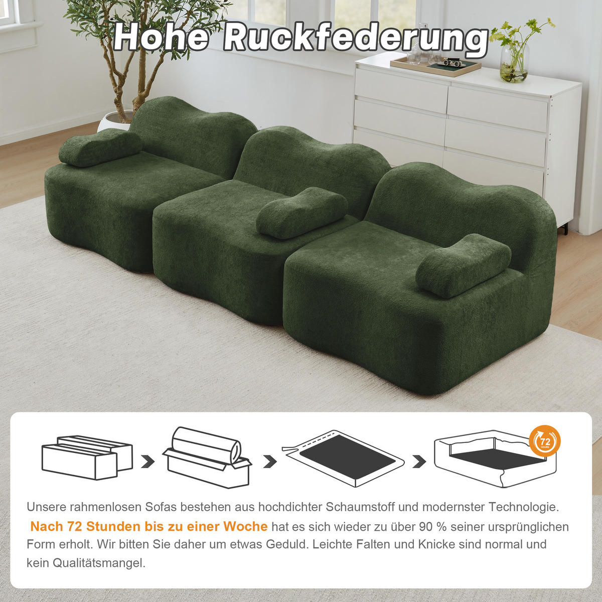 3-SITZER Sofa 288×98×70 cm Samt rahmenlos modular, grün - Grün, Textil (98/70/288cm)