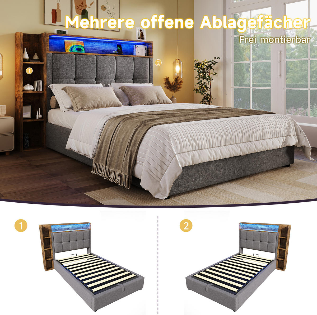 POLSTERBETT mit Stauraum, USB und LED 90x200 cm Leinen Grau - Grau, Metall (90/200cm) - Meubliv