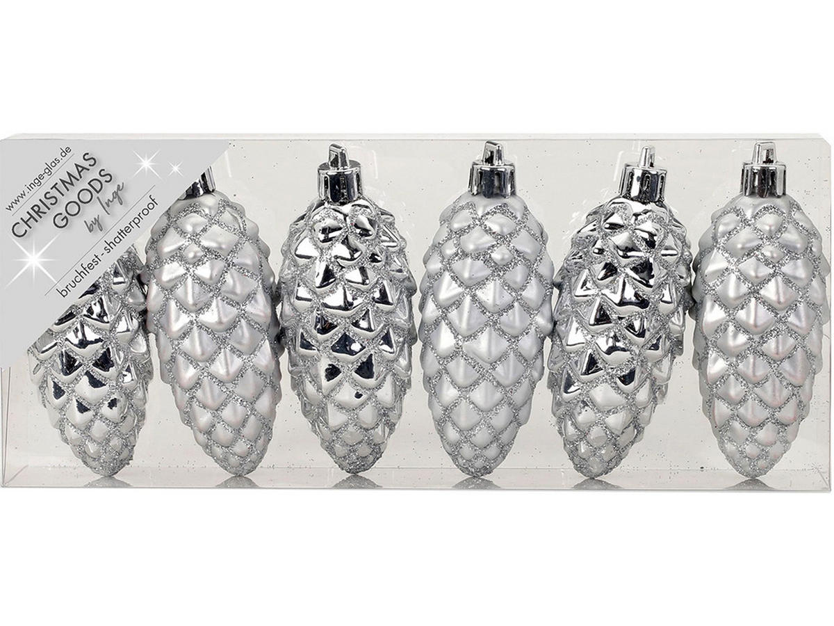 WEIHNACHTSORNAMENTE 6er-Set Ornamente Tannenzapfen silber Mix 9 cm - Silberfarben, Kunststoff (9/9/9cm) - LAALU