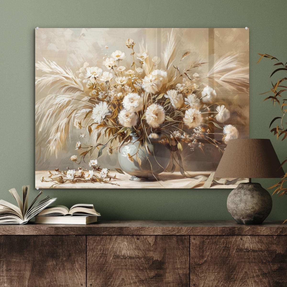 ACRYLGLASBILD Blumen - Vase - Stilleben - Beige 80x60 cm - Creme, Glas (80/60cm) - MuchoWow