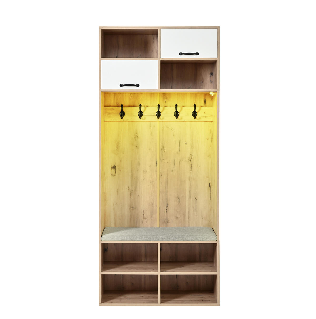 GARDEROBE 80/35/185 cm weiß/naturfarben aus Spanplatte mit Sitzbank LED und Stauraum - Naturfarben, Holzwerkstoff (80/185/35cm) - OKWISH