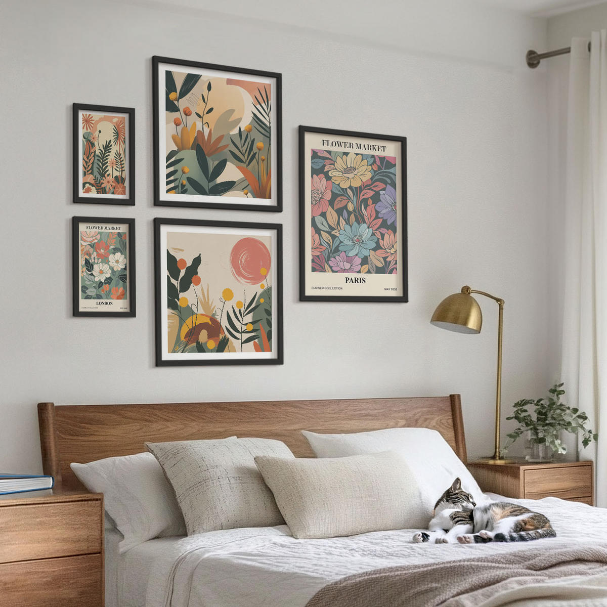 BILDER SET 5er Set - 50x50 cm & 20x30 cm & 40x60 cm Schwarzer Rahmen - Blumenposter Weinstadt - Schwarz, Kunststoff (40/60cm) - TULUP