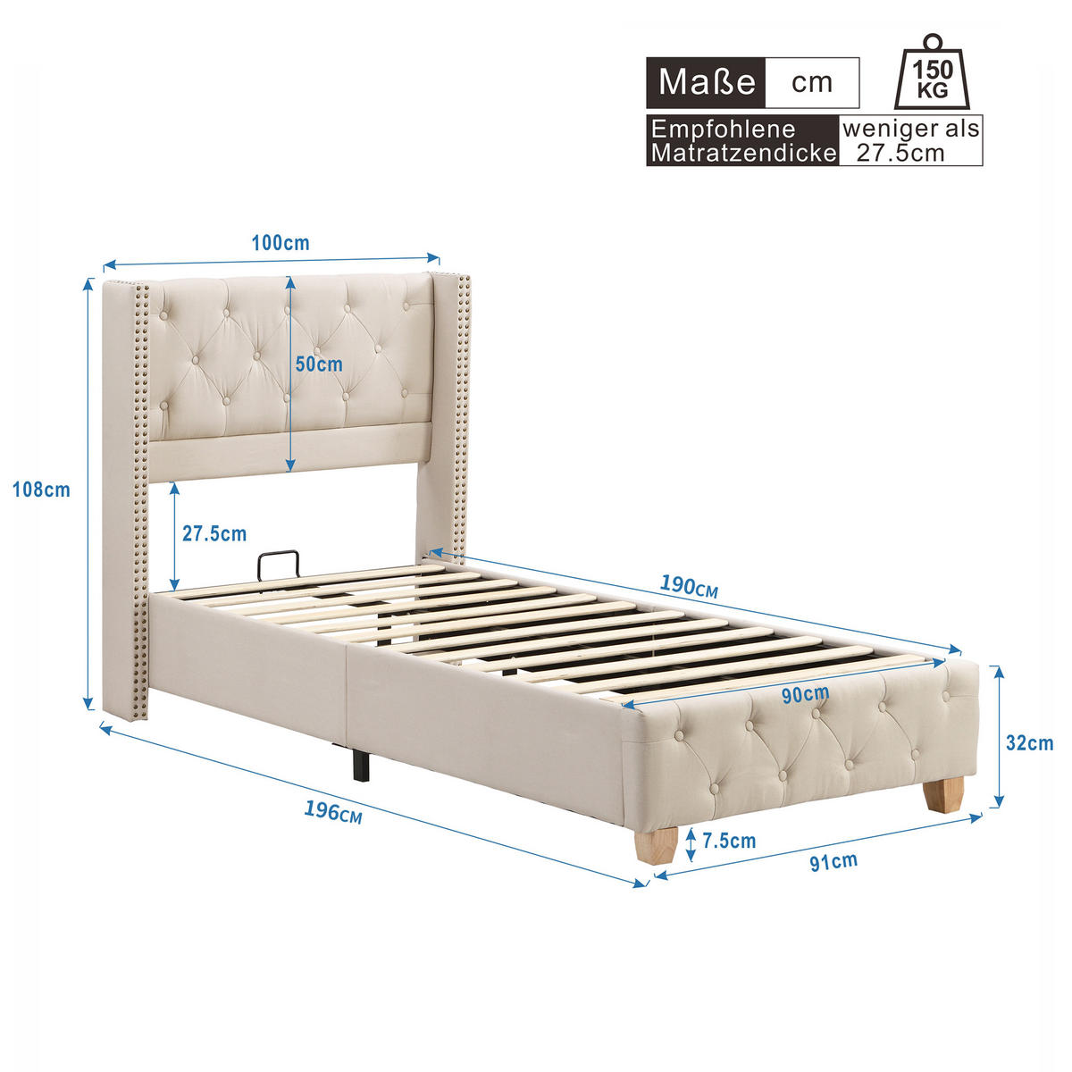 POLSTERBETT 90x190cm Leinen Beige Kopfteil Holzbeine - Beige, Naturmaterialien (90/190cm) - FLIEKS