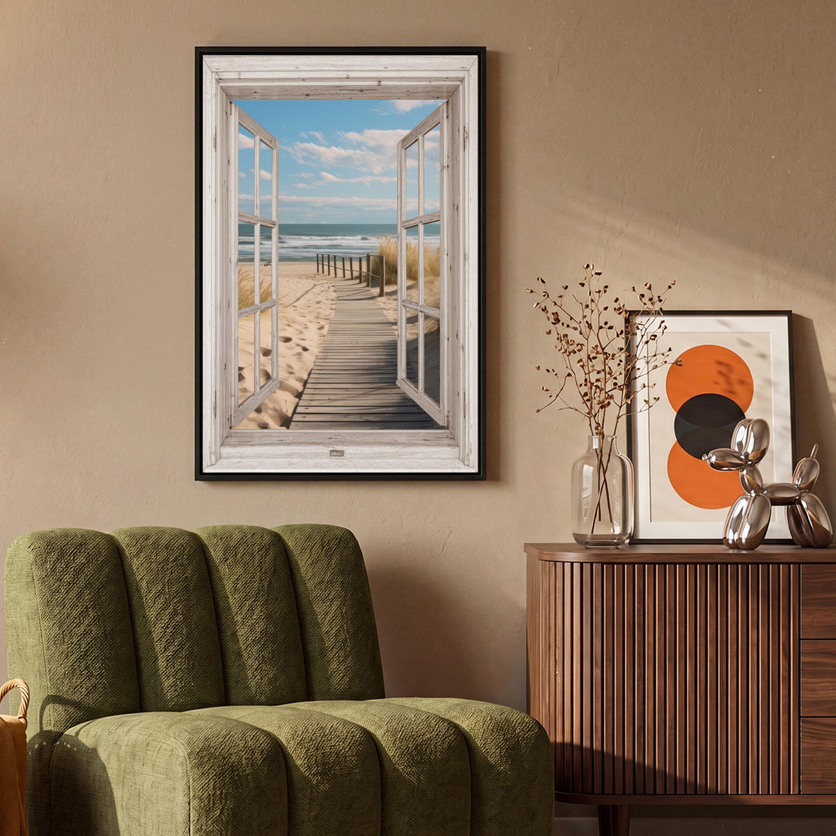 LEINWAND Bilder mit Rahmen - Fenster - Meer - Küste - Natur - Ausblick - Strand - Wattenmeer - 60x90 - Beige, Textil (60/90cm) - MuchoWow