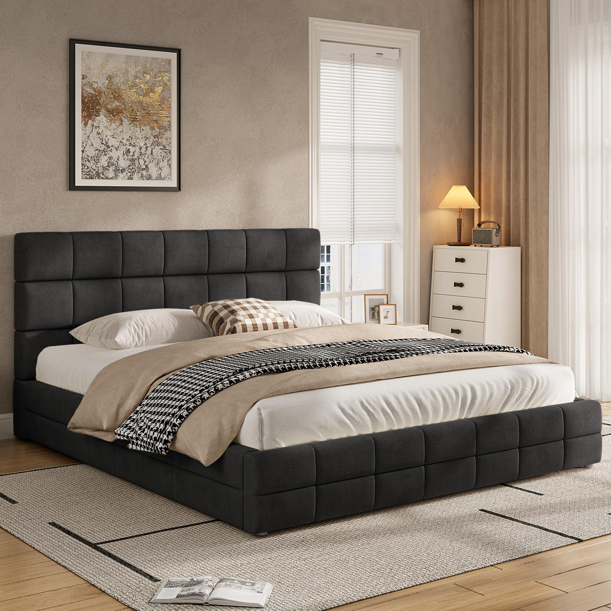 POLSTERBETT 180/200 cm in Schwarz Samt mit Kopfteil - Schwarz, Holzwerkstoff/Textil (180/200cm) - STILVORA