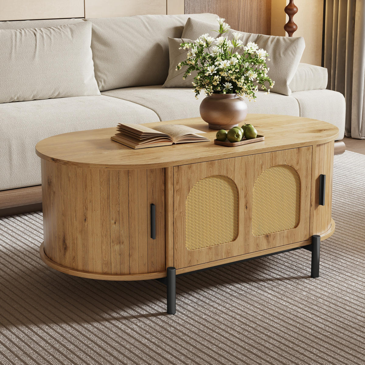 COUCHTISCH Oval Rattan Schiebetüren Metallbeine modern - Naturfarben, Holzwerkstoff (100/50/40cm) - FLIEKS