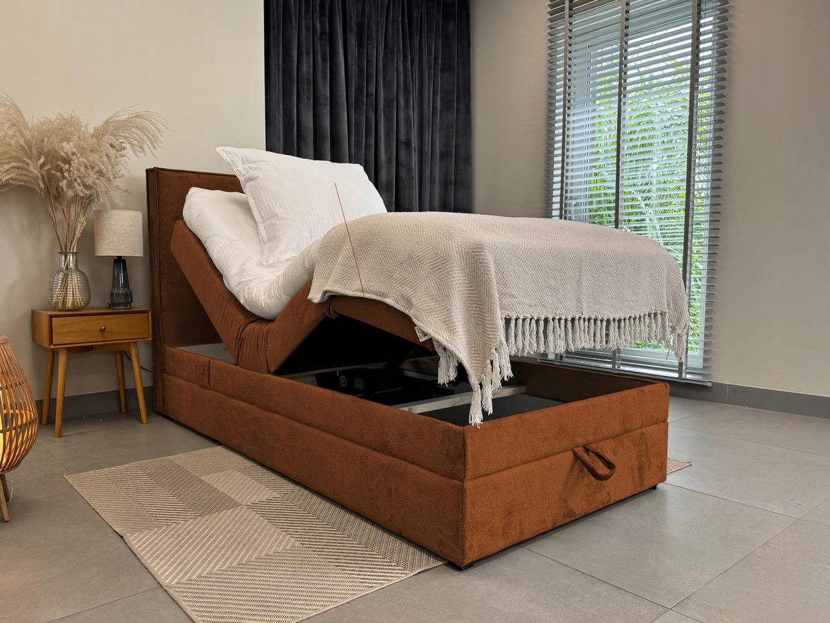 BOXBETT Sorrento - Elektrische Bett mit Matratze + Tooper, Kopfteil und Bettkasten - Stoffbezug Veloursstoff - 100x200 cm - Braun - Braun, Holzwerkstoff/Kunststoff (100/200cm) - Trada