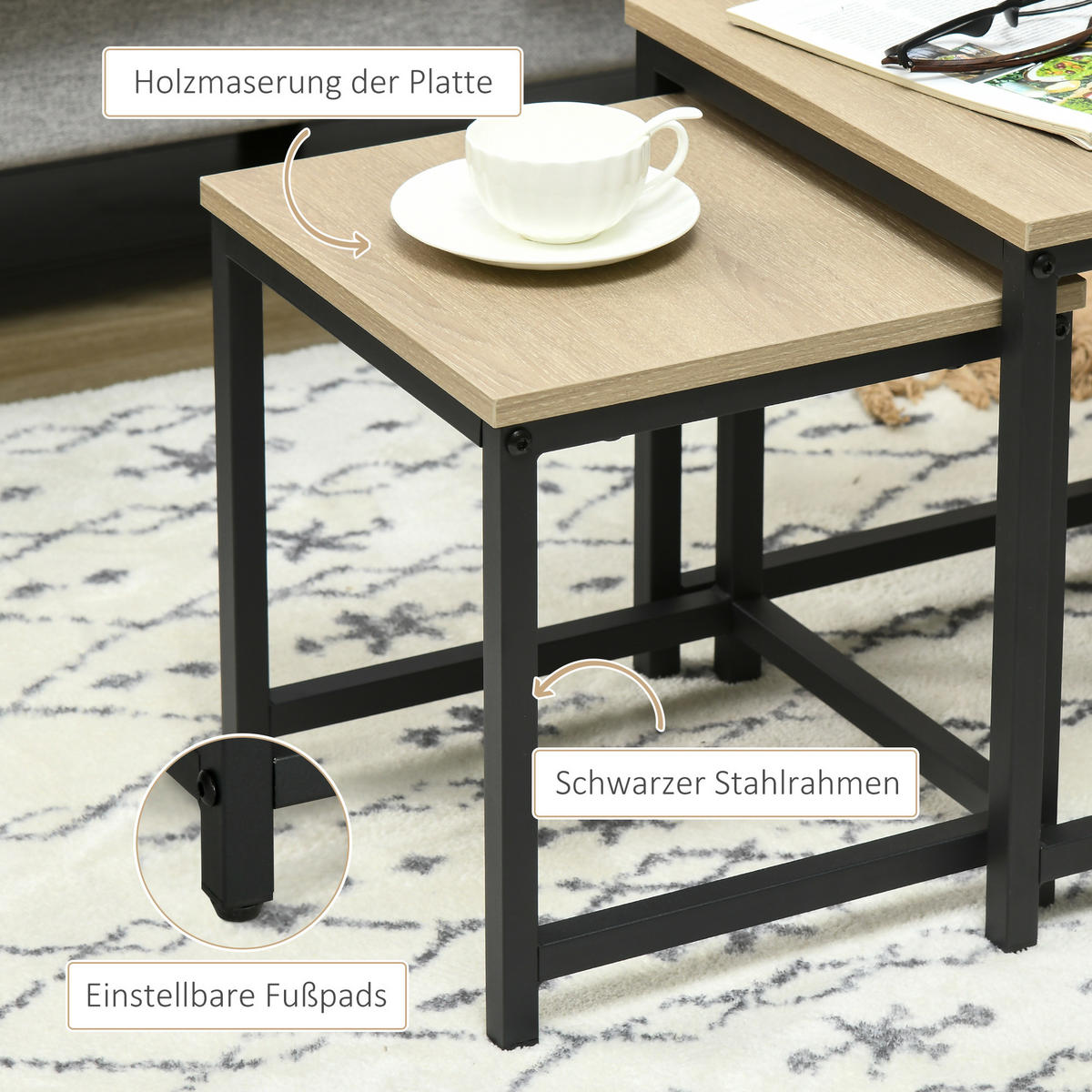 COUCHTISCH 3er-Set Beistelltisch, Satztisch, Sofatisch mit Holzoptik, Stahl - Naturfarben, Holzwerkstoff/Metall (45/45/44cm) - HOMCOM