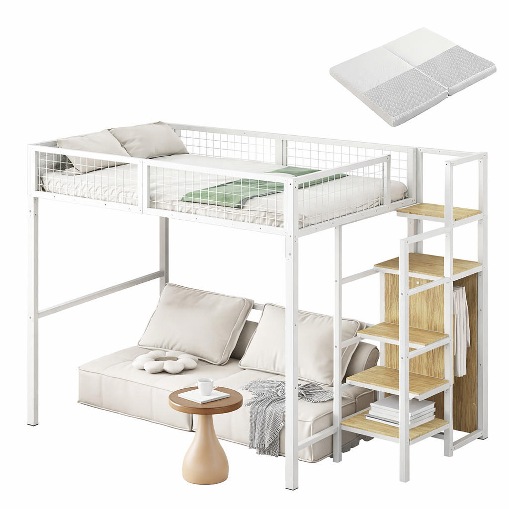 HOCHBETT 140/200 cm Weiß mit Sicherheitsleiter und Kleiderschrank mit Matratze - Weiß, Metall (140/200cm) - OKWISH