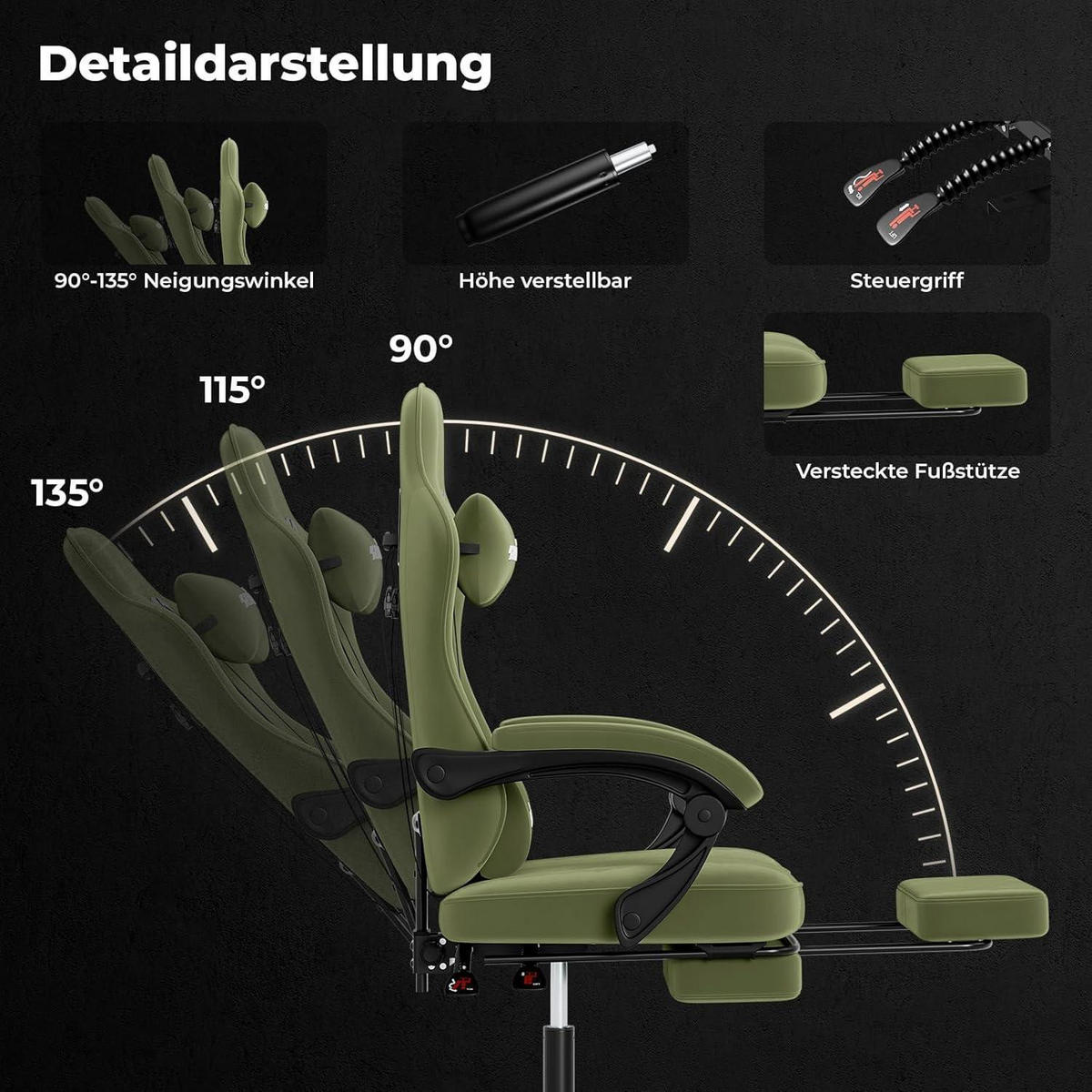 GAMING Stuhl mit Fußstütze Grün - Grün, Textil (62/130/49cm)