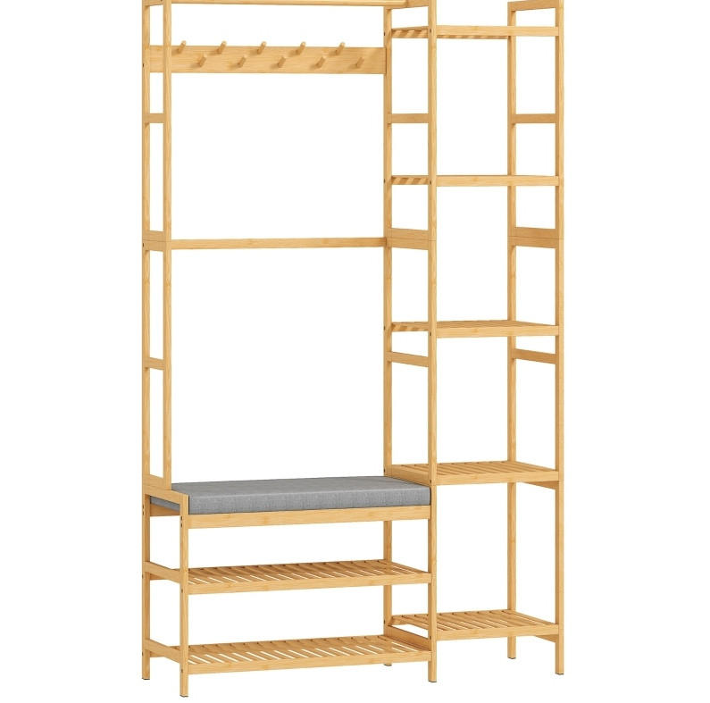 GARDEROBENSTÄNDER 104/33/175 cm mit Schuhschrank, Sitzbank, 10 Haken und 5 Regalen, Naturholz - Naturfarben, Naturmaterialien (104/175/33cm) - Redom
