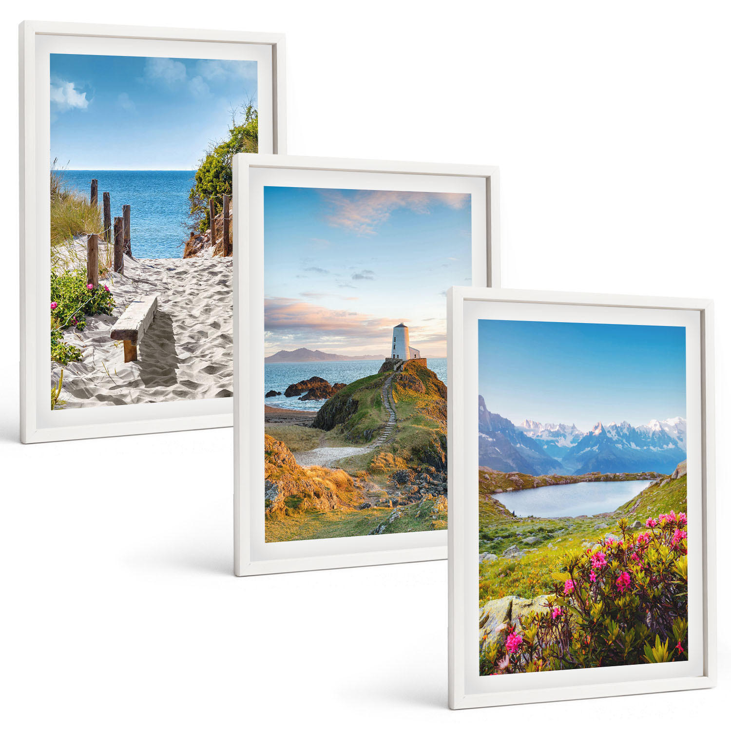 BILDER SET 3er Set - 40x60 cm Weißer Rahmen - Strand, Leuchtturm, Berge, Blumen - Weiß, Kunststoff (40/60cm) - TULUP