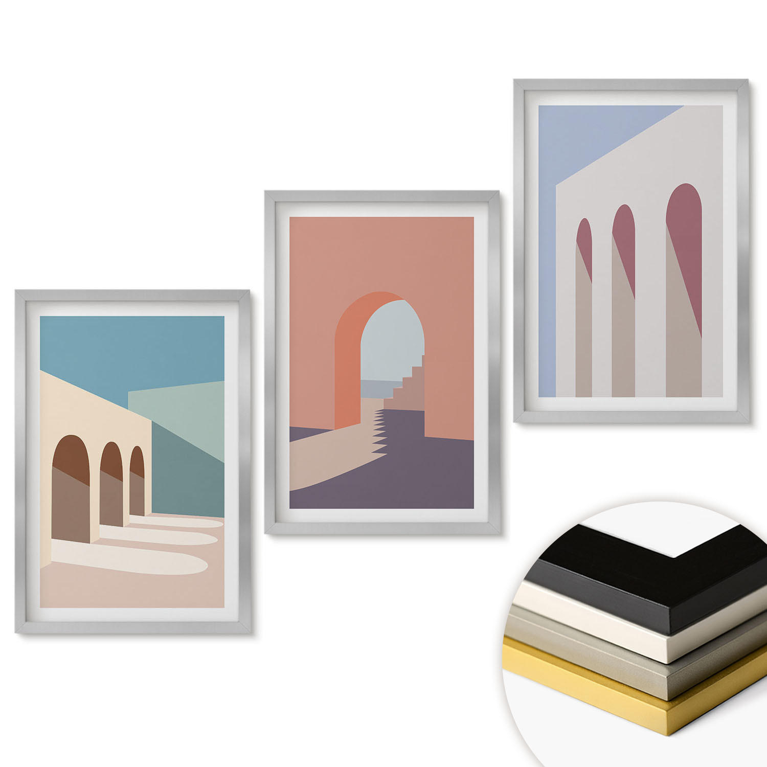WANDBILDER 3er Set - 40x60 cm Silberner Rahmen - Architekturgrafiken in Pastellfarben - Silberfarben, Kunststoff (40/60cm) - ArtPrintCave