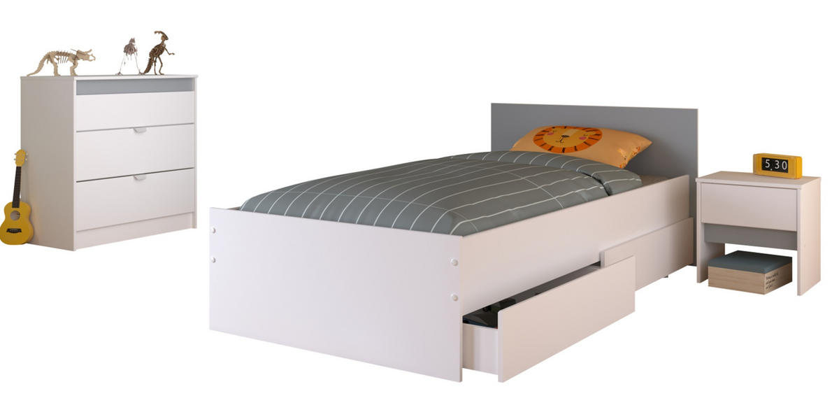 KINDERZIMMER weiß, grau oder rosa, Komplett-Set 4-teilig mit Stauraumbett 90x200 cm - Weiß, Holzwerkstoff (100/80/203cm) - Parisot Meuble