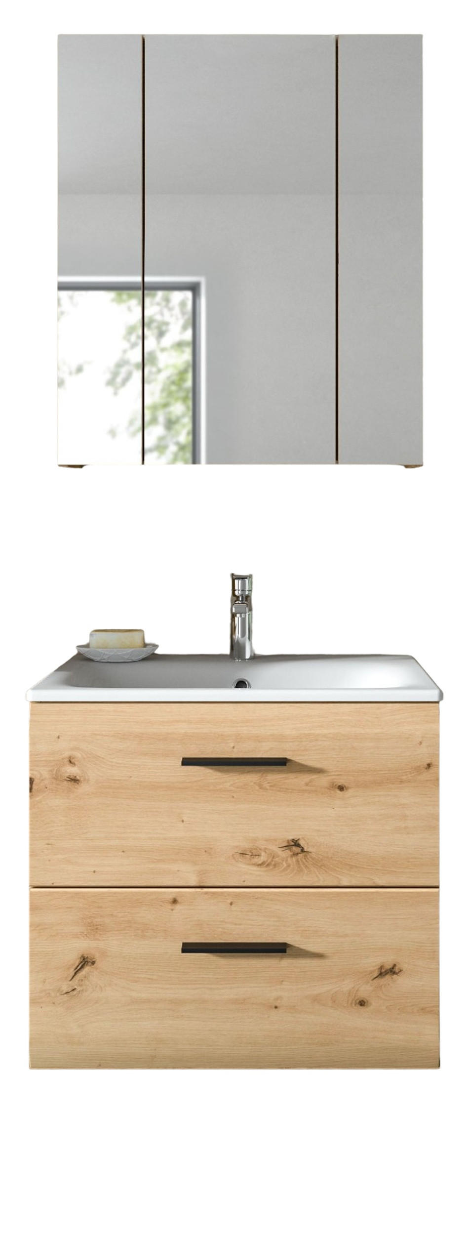 BADMÖBEL-SET 2-teilig Eiche Artisan, Badkombination 60 cm inklusive Waschbecken, Cover - Schwarz/Eiche Artisan, Glas/Keramik (60/185/46cm) - Inn.Furn