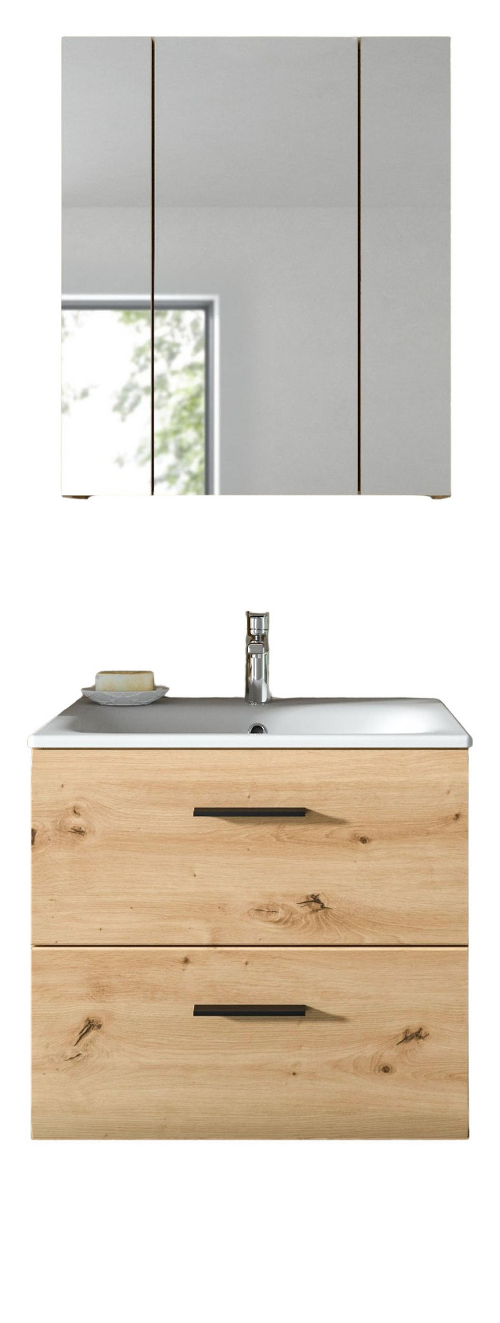 BADMÖBEL-SET 2-teilig Eiche Artisan, Badkombination 60 cm inklusive Waschbecken, Cover - Schwarz/Eiche Artisan, Glas/Keramik (60/185/46cm) - Inn.Furn