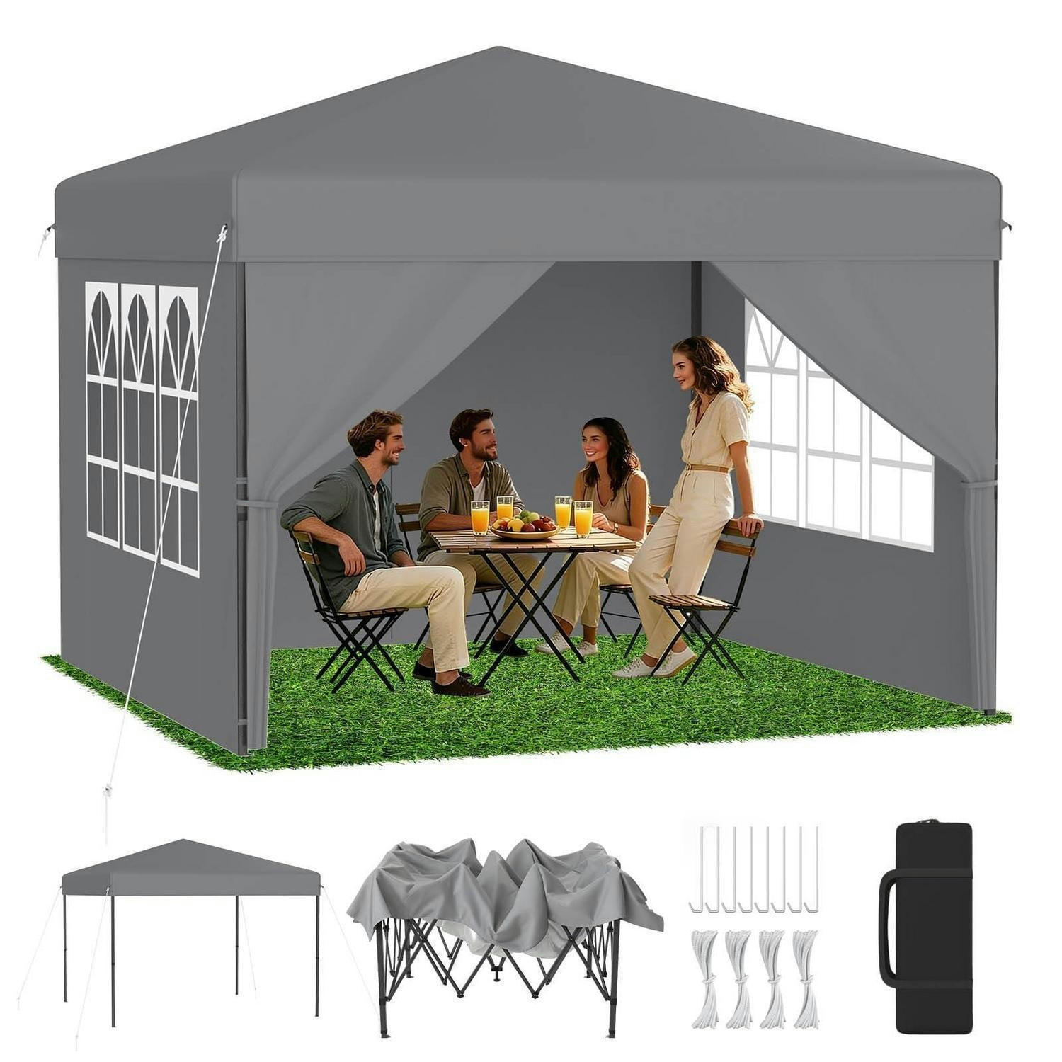 FALTPAVILLON 2,5 x 2,5 m Silbergrau mit Seitenwänden - Grau, Textil (250/260/250cm)