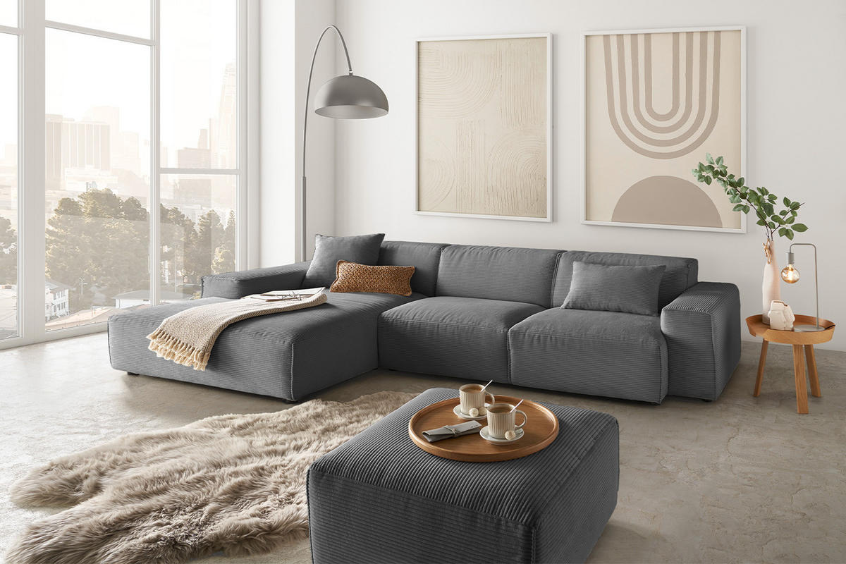 ECKSOFA RANI Grau Cord - Schwarz/Grau, Kunststoff/Textil (299/189cm) - KAWOLA