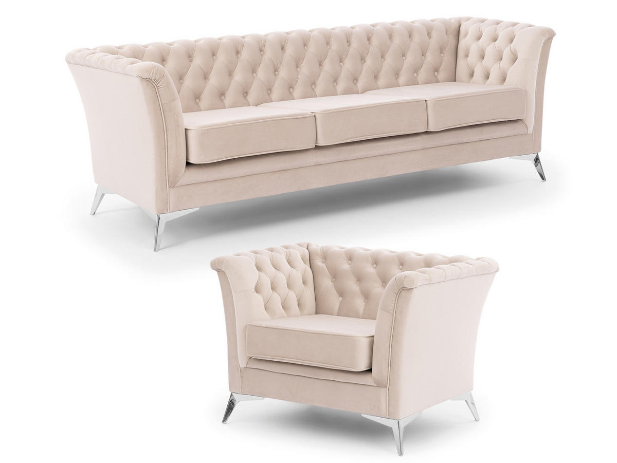 SITZGARNITUR 3+1 Chesterfield Whitby Beige Samt mit silbernen Füßen - Beige/Silberfarben, Holz/Textil (237/78/82cm) - S-Style Möbel