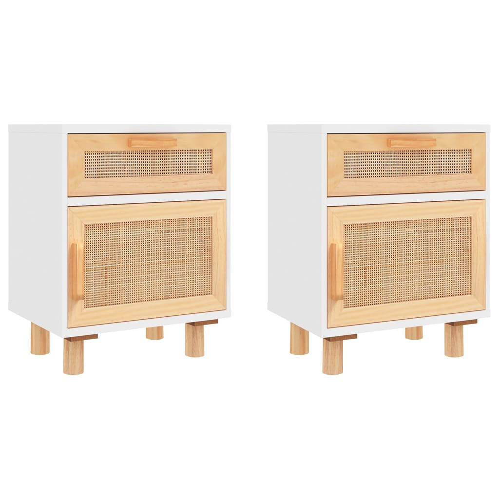 NACHTTISCHE 2 Stk. Weiß Massivholz Kiefer und Natur-Rattan - Weiß, Holz (30/50/40cm) - furnicato