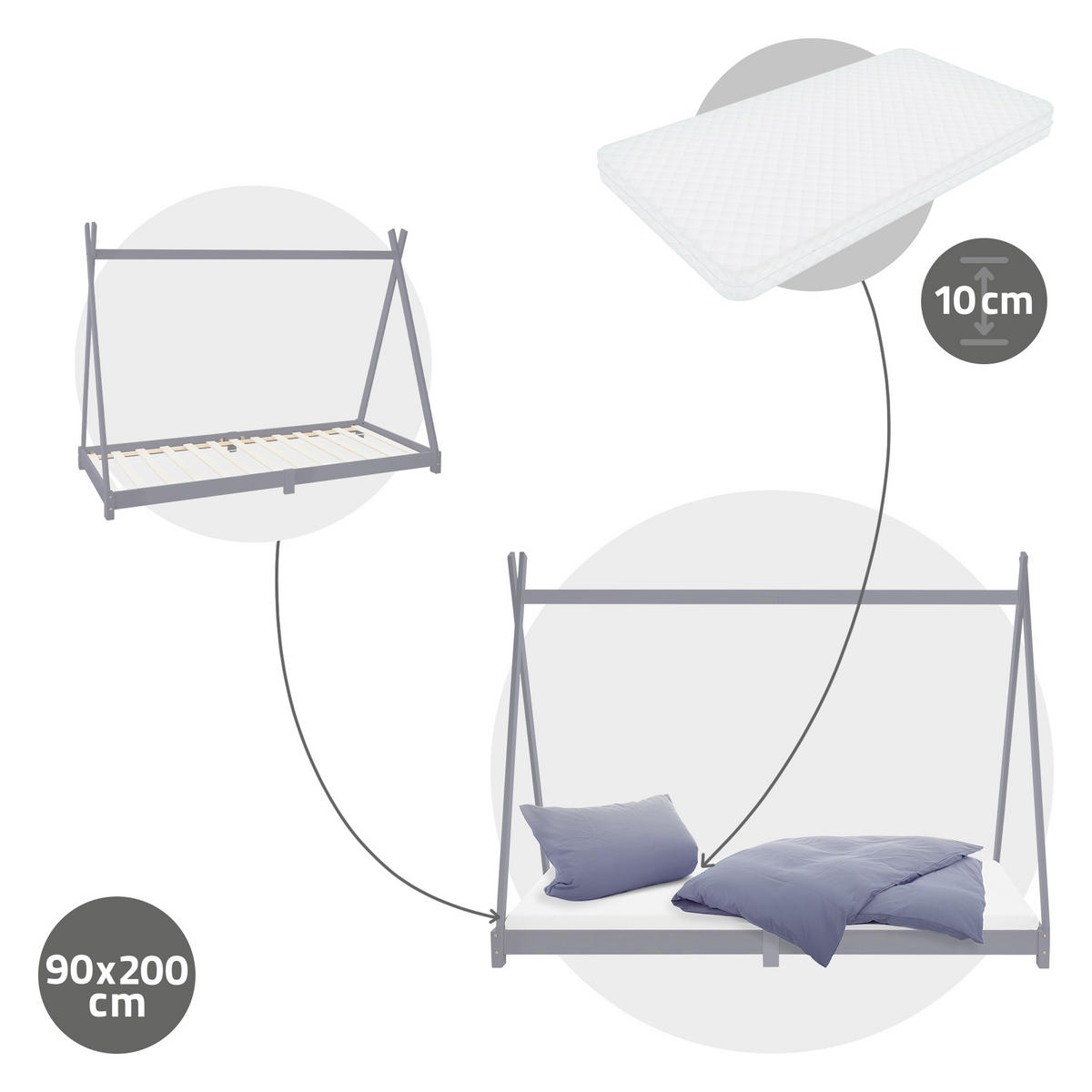 KINDERBETT Tipi mit Matratze 90x200 cm Hellgrau - Hellgrau, Holz (90/200cm) - ML-DESIGN