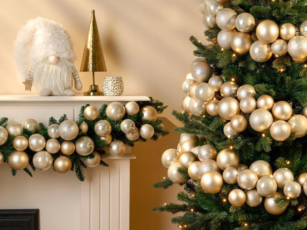 WEIHNACHTSGIRLANDEN-SET 68-teiliges mit Kugeln 6, 7, 8 cm Champagner, 180 cm - Champagner, Kunststoff (8/8/180cm) - LAALU