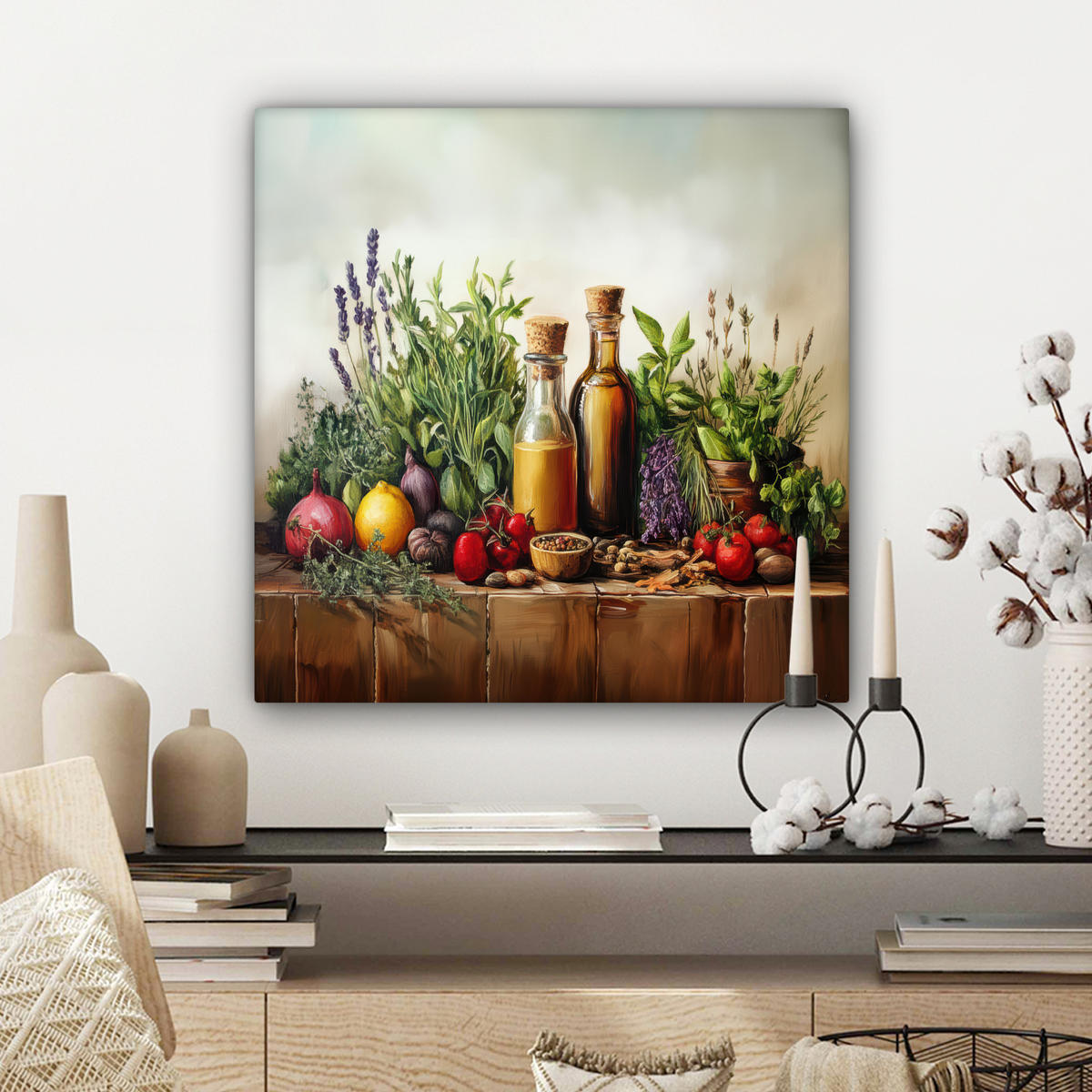 LEINWANDBILD Stilleben - Kräuter - Gewürze - Früchte - Farbenfroh Wandbild Wohnzimmer 50x50 cm - Grün, Textil (50/50cm) - MuchoWow