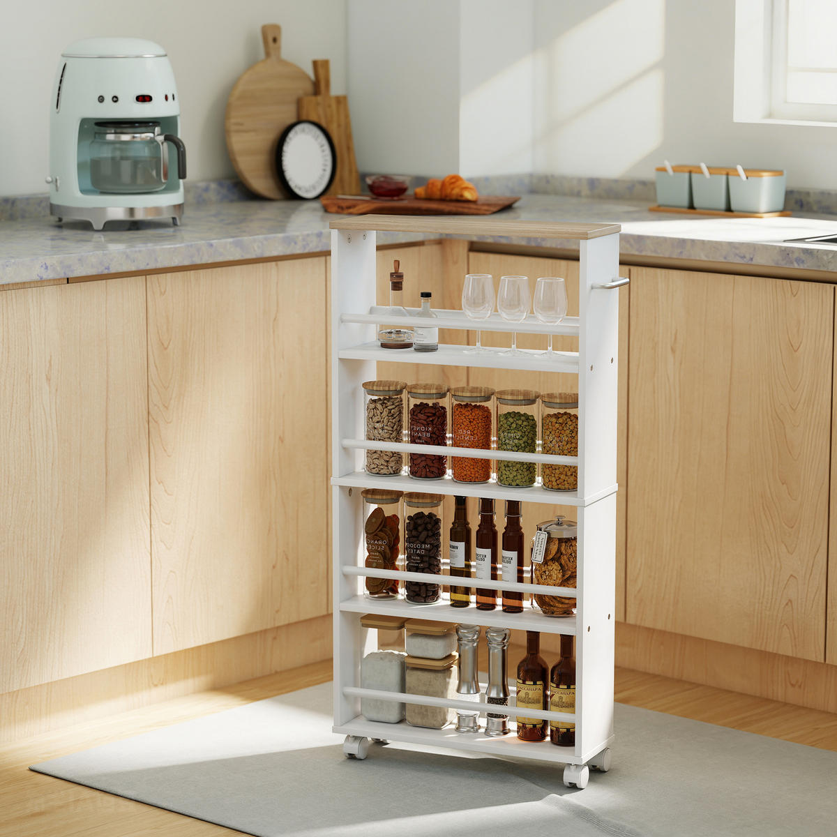 ROLLWAGEN, Schmaler Servierwagen mit 4 Etagen, Griffe, für Küche, Natur - Silberfarben/Naturfarben, Holzwerkstoff/Metall (15/91/45cm) - HOMCOM
