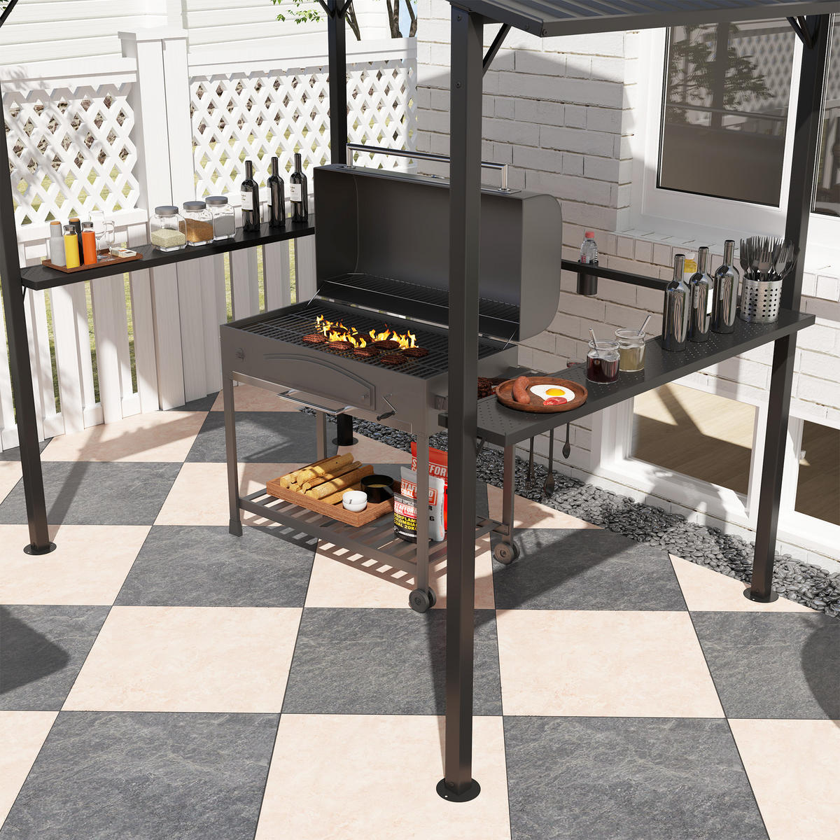 GRILLPAVILLON 250 x 160 x 250 cm wasserdicht Gartenpavillon mit Doppelschichtdach, Seitenregalen Schwarz - Schwarz, Metall (250/250/160cm)