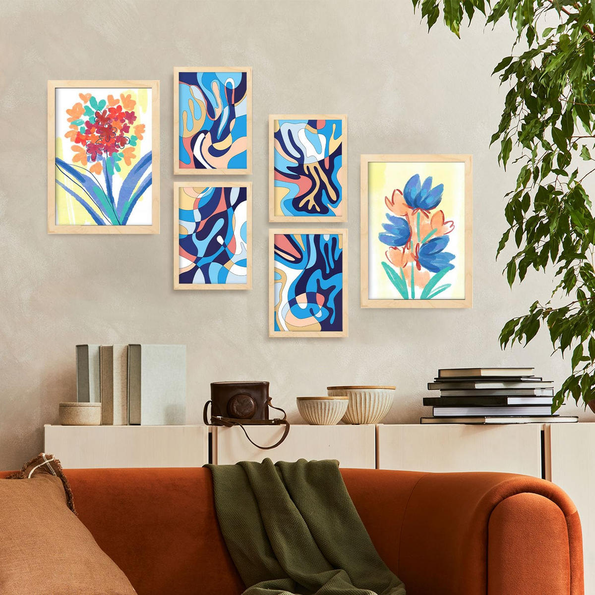POSTER Set Mit 6 Flora Vein Abstrakte Blumenmuster Größe A3 & A4 Rahmen aus hellem Holz - Beige, Papier (29.7/1cm) - Nacnic