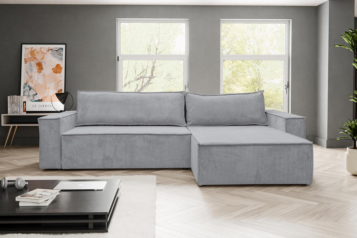 ECKSOFA HUGO XL Schlaffunktion und Bettkasten Cord-Stoff (Grau) - Grau, Textil (274/142cm) - VENASI MÖBEL
