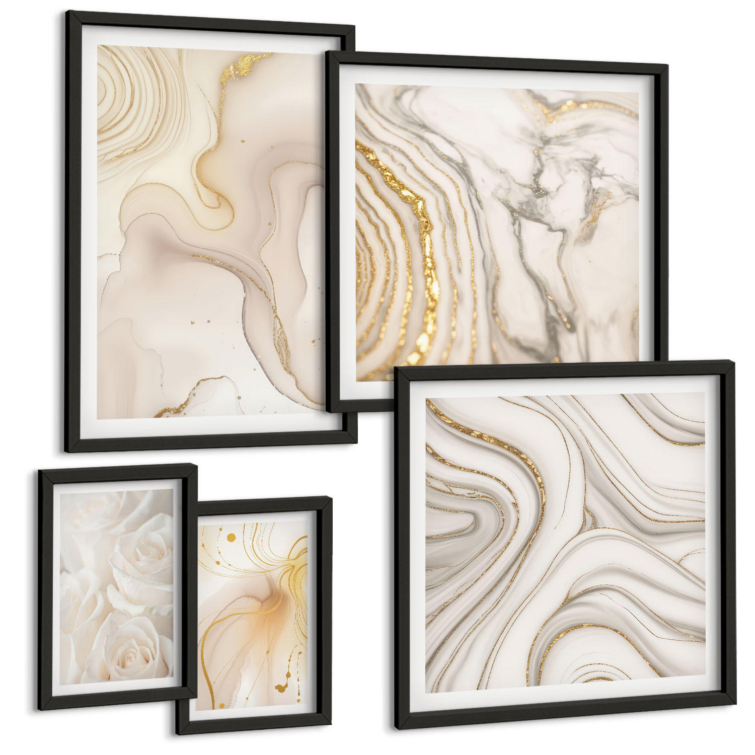 BILDER SET 5er Set - 50x50 cm & 20x30 cm & 40x60 cm Schwarzer Rahmen - Landschaften Natur Felder Sonne - Schwarz, Kunststoff (40/60cm) - TULUP