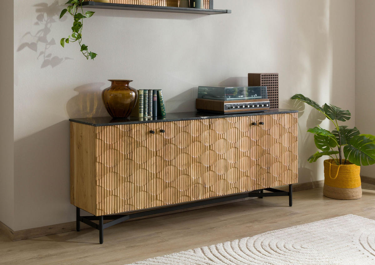 SIDEBOARD Akazie 180x40x76 natur lackiert / Marmor schwarz LONDON #101 - Braun, Holz (180/76/40cm) - Massivmoebel24