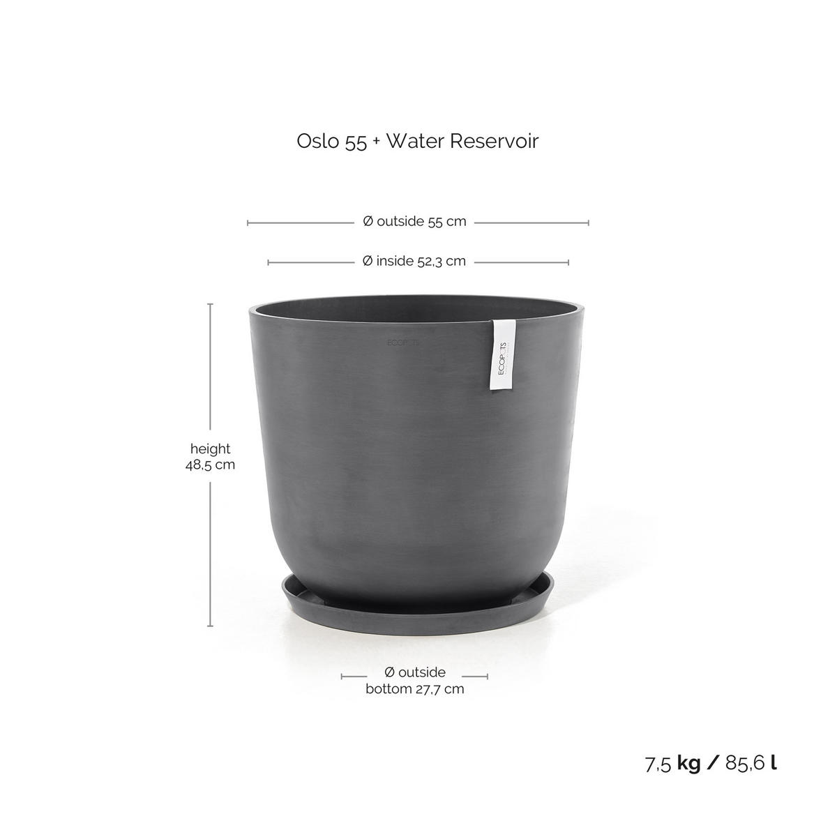BLUMENTOPF mit Wasserreservoir Oslo 55/48,5 cm Grau - Grau, Kunststoff (55/48.5cm) - Ecopots