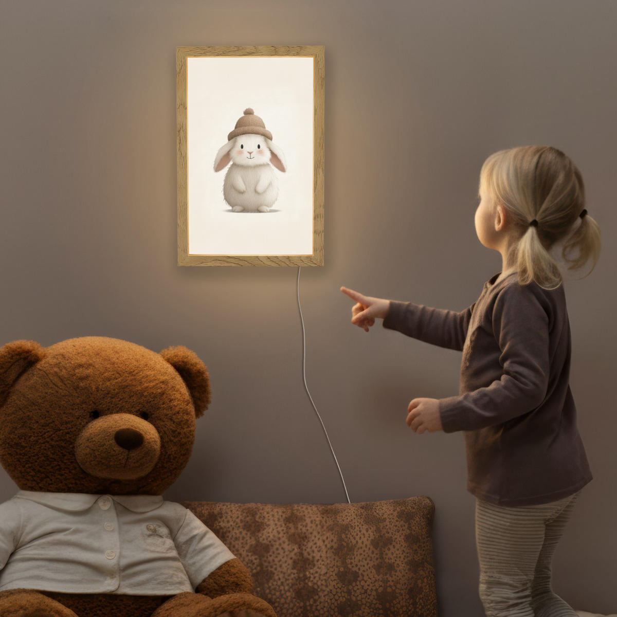 NACHTTISCHLAMPE Kaninchen - Hut - Ohren - Beige 20x30 cm - Creme, Holzwerkstoff (8/20/30cm)