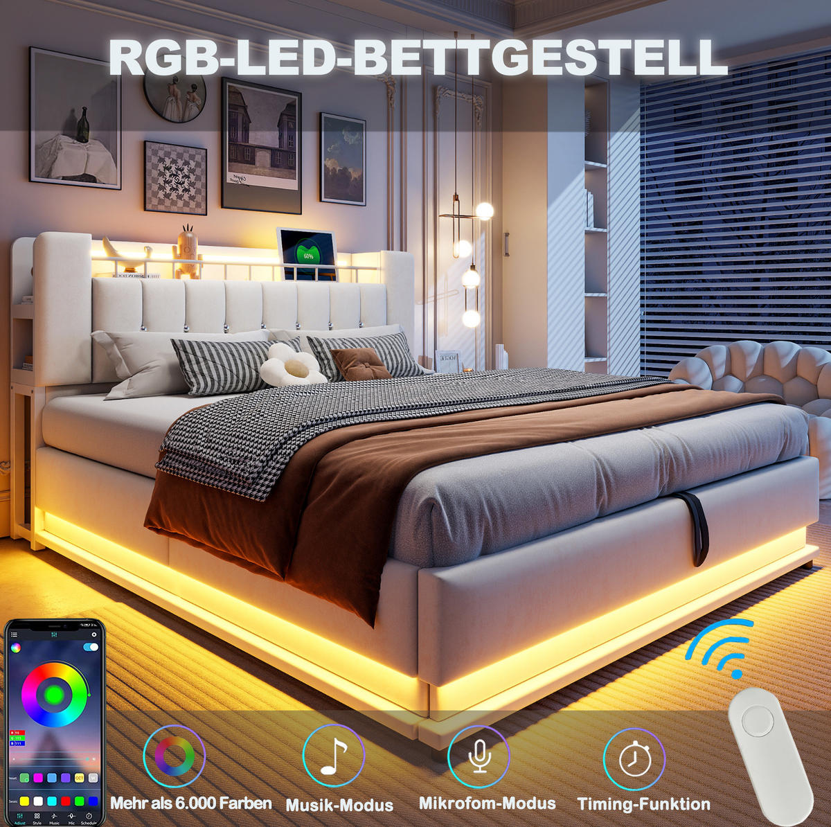 ČALÚNENÁ posteľ z MDF, kovu a látky 180x200 cm béžová s LED osvetlením, USB a hydraulickým úložným priestorom - béžová, textil (180/200cm) - Modfu