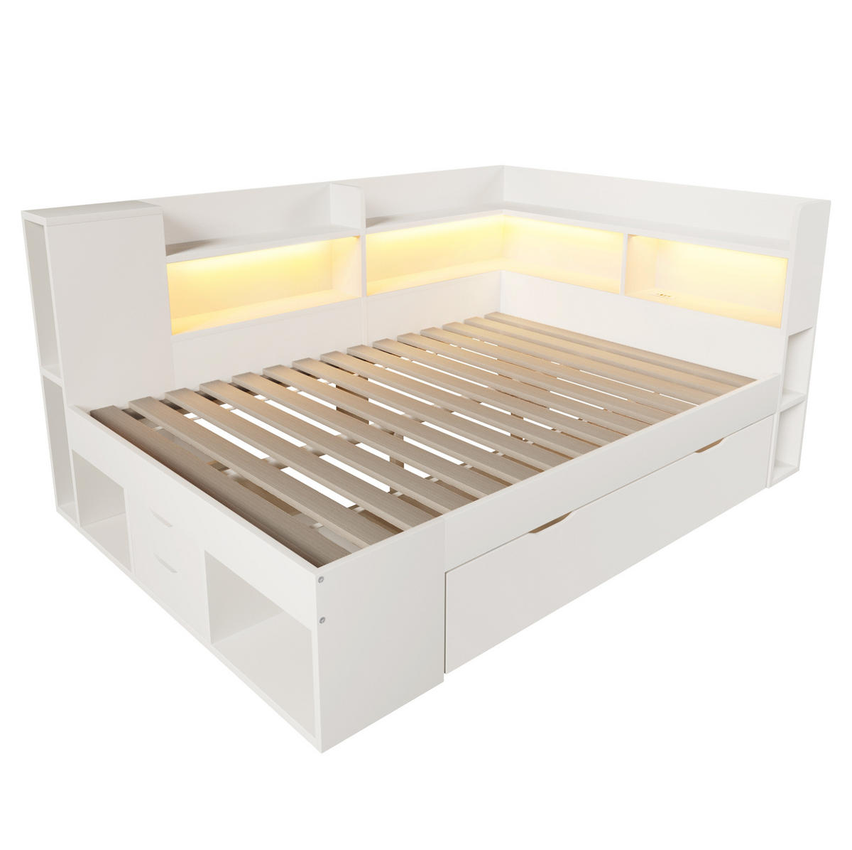 FUNKTIONSBETT 140/200 cm Weiß mit LED, USB-C und Stauraum - Weiß, Textil (140/200cm) - BEAOK