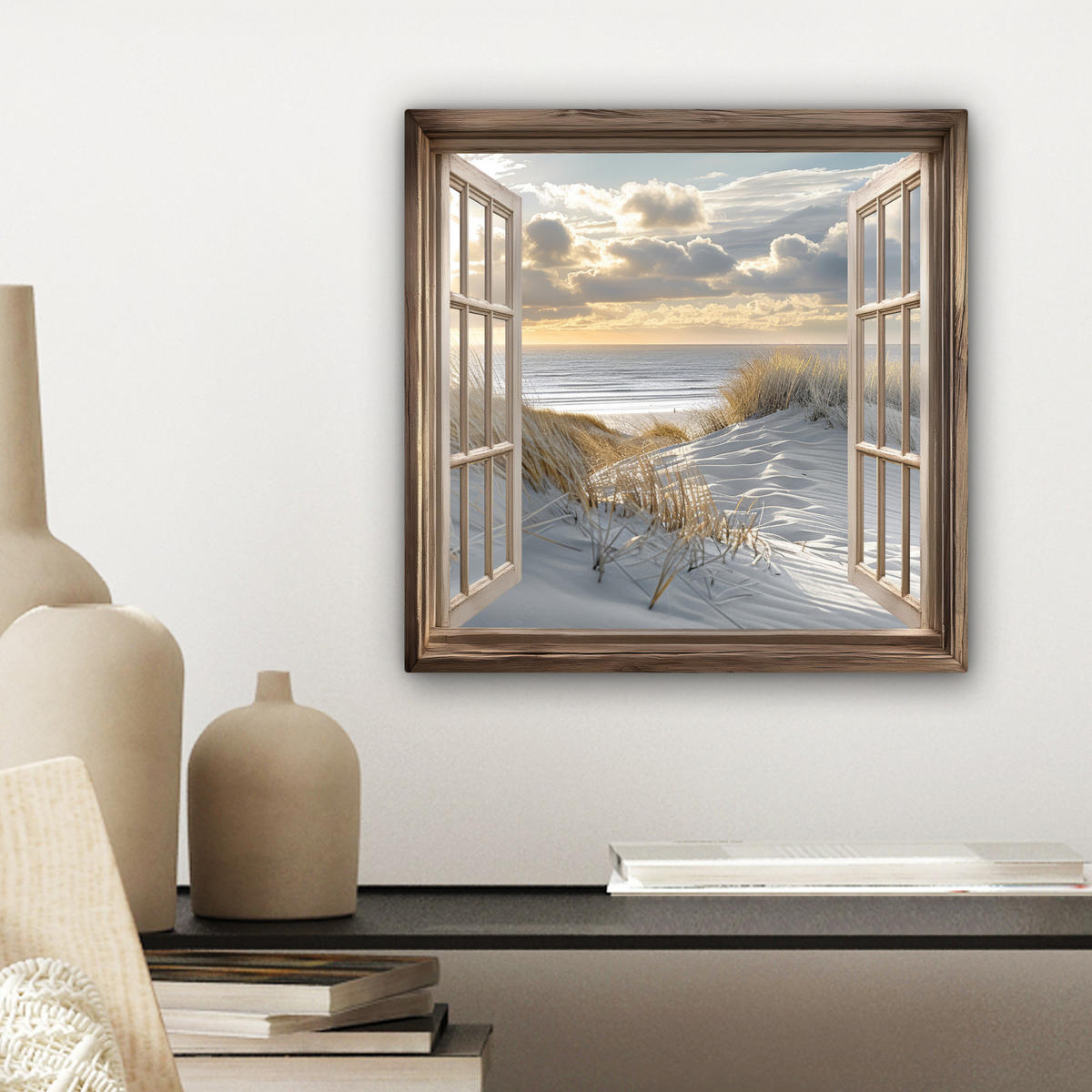 LEINWANDBILD Ausblick - Strand - Dünen - Meer - Natur Deko Wohnzimmer 20x20 cm - Sandfarben, Textil (20/20cm) - MuchoWow