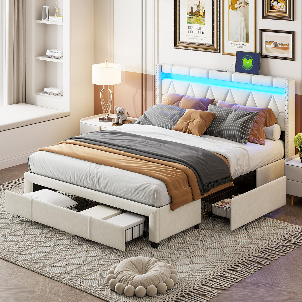 POLSTERBETT 140x200 cm, Beige, LED-Beleuchtung und 4 Schubladen - Beige, Textil/Metall (140/200cm)