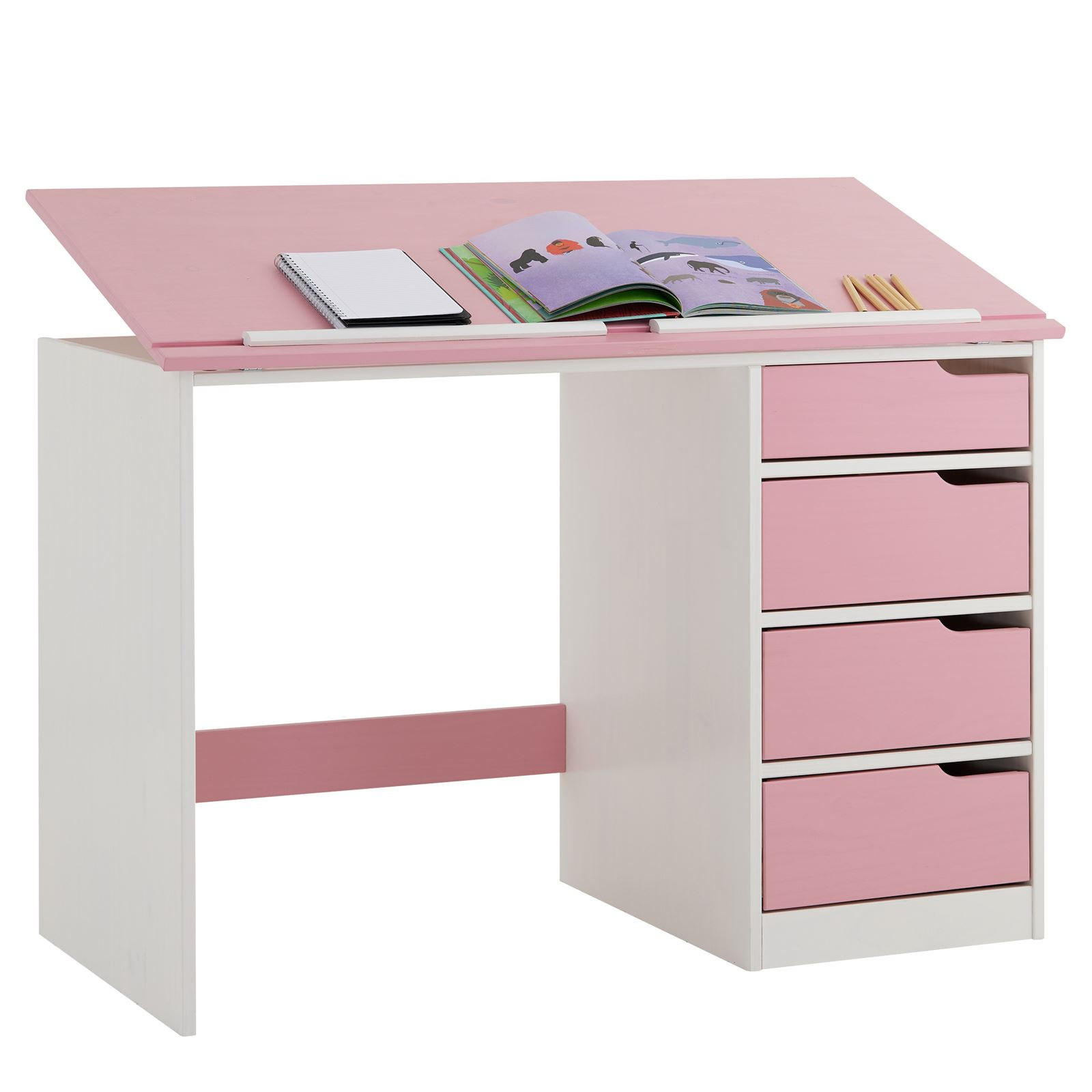 KINDERSCHREIBTISCH EMMA - Weiß/Rosa, Holz (114/76/55cm) - IDIMEX